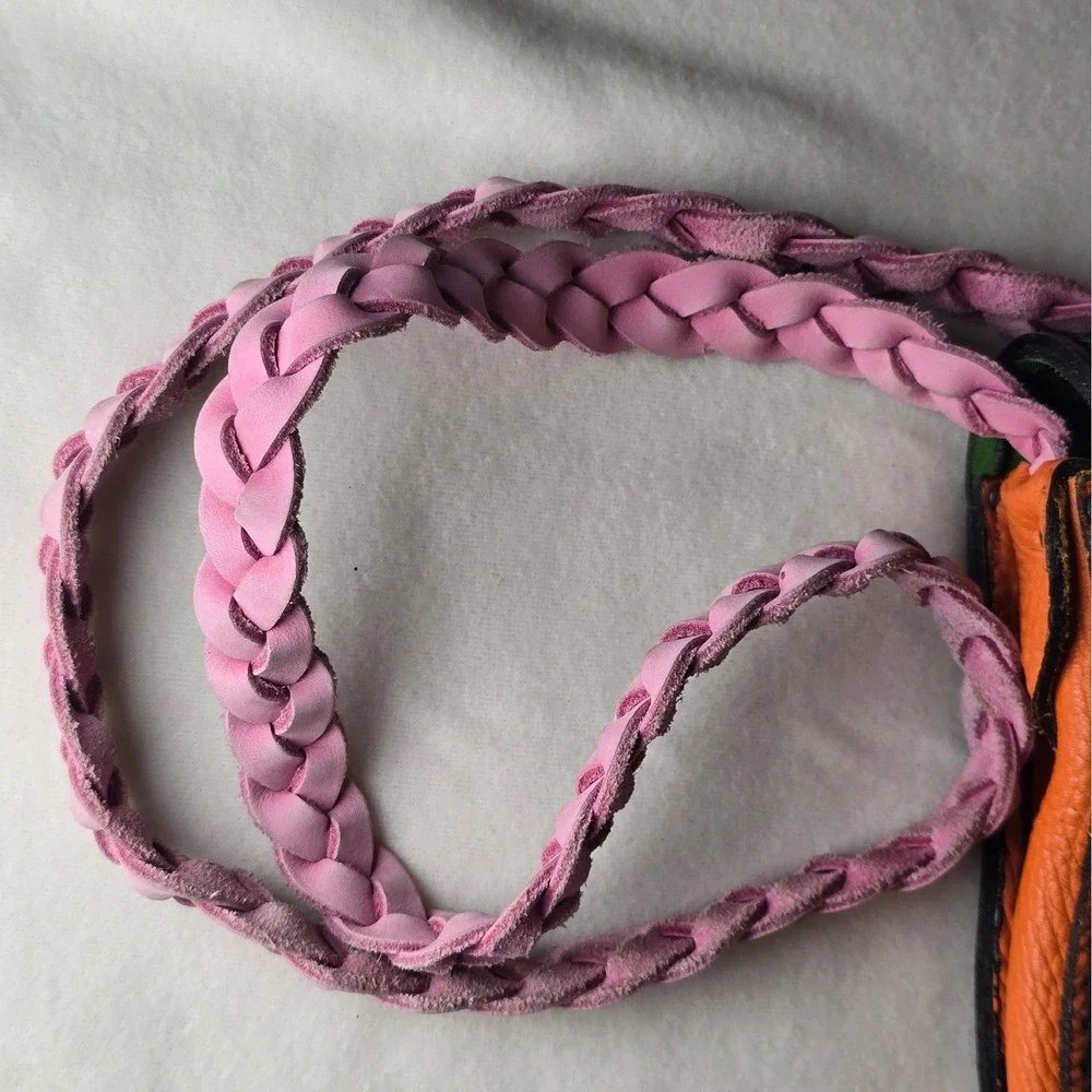 Handmade Leather Crossbody Bag Braided Strap Colorblock Pink Orange Green - Picture 12 of 16